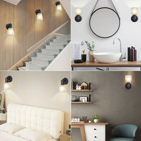 Matte Black Wall Sconces Set Of 2 Vanity Lights For Bathroom And Living Room Modern Wall Mount Fixtures With Frosted Glass Rotary Switch Farmhouse Style Indoor Lighting For Bedroom And Mirror