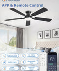 52 Inch Ceiling Fan With Light And Remote App Control Room Ready Low Profile Flush Mount Dimmable 20W LED Light Black