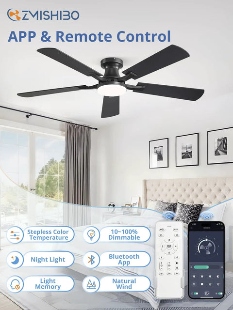 52 Inch Ceiling Fan With Light And Remote App Control Room Ready Low Profile Flush Mount Dimmable 20W LED Light Black