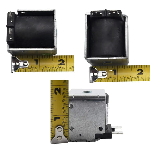 WR62X23154 Refrigerator Solenoid Cube Service Kit with tape measure for size reference, shown in three angles.