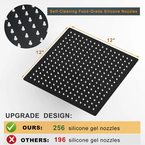 12 Inch Square Rain Shower Head With High Pressure Waterfall Flow, Ultra Thin Stainless Steel, Silicone Nozzles, Matte Black