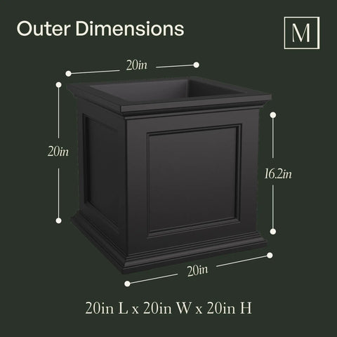 No-Fuss Self-Watering 20-Inch Square Planter for Outdoors with dimensions shown, UV fade-resistant polyethylene, black color