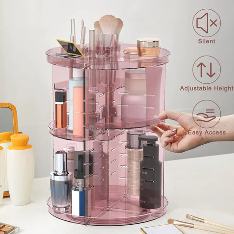 Eight Height Adjustable Spinning Makeup Organizer With 360 Degree Spin Cosmetic Display Carousel in pink plastic, shown in use.
