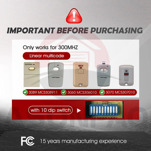 Image showing various MultiCode Gate Opener Remotes compatible with 300MHz 3089 308911 MCS308911 3060 3070, and 10 dip switch system.
