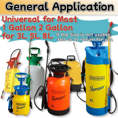 Garden sprayers set in yellow, orange, blue and green; includes 3L, 5L and 8L capacities with hoses and triggers.
