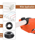 Ratcheting PVC Pipe Cutter For 2-1/2 Inch Tubing, heavy duty orange tool cutting white PVC pipe, rust-resistant, easy grip handle.