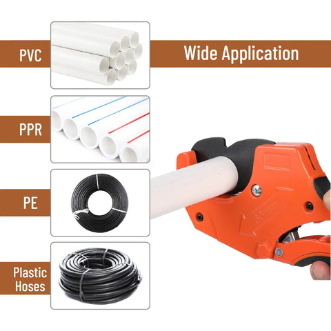 Ratcheting PVC Pipe Cutter For 2-1/2 Inch Tubing, heavy duty orange tool cutting white PVC pipe, rust-resistant, easy grip handle.