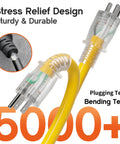 Beefy 50 Ft 10 Gauge Heavy Duty Outdoor Extension Cord With Three Outlets And Indicator Light For Worksite Waterproof SJTW 15A 1875W ETL Listed Flexible Yellow showing stress relief design and bending test.