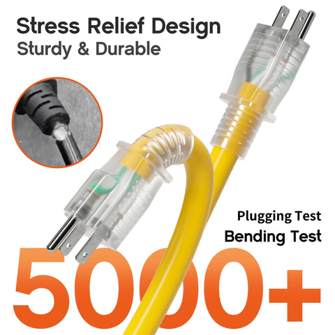 Heavy Duty 2 Ft 12 Gauge Outdoor Extension Cord With 3 Outlets And Indicator Light Waterproof SJTW Cable 15A 125V 1875W For Workshop ETL Listed Flexible Yellow showing stress relief design with plugs and bending test results.