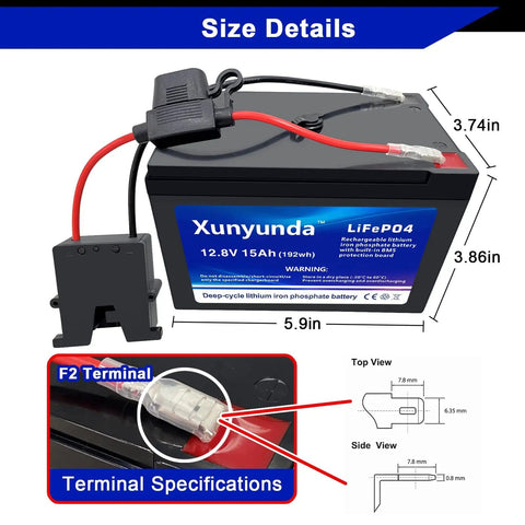 12V 15Ah LiFePO4 Battery With BMS For Solar Marine Camping And Off Grid Power Beefed Up Deep Cycle Life To 2000 Plus Power Wheels And Fish Finder Ready Lightweight Durable High Energy Density Pack, showing size and terminal details.