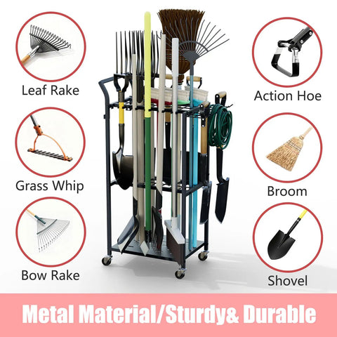 Heavy Duty Rolling Garden Tool Organizer On Wheels With 14 Hooks And 5 Slots, 3 Tier Metal Cart Holds Rakes Shovels Brooms