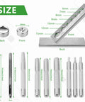 Eleven Piece Leather Craft Pro Grade Punch Tool Kit With Snap Fastener Setter And Rivet Die Set, detailed view with measurements