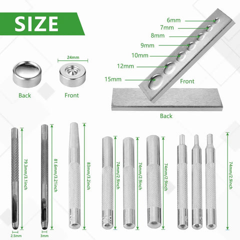 Eleven Piece Leather Craft Pro Grade Punch Tool Kit With Snap Fastener Setter And Rivet Die Set, detailed view with measurements