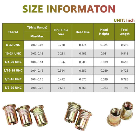 Size chart and images of 100 Pack 5/16 Inch Rivet Nut Set 5/16-18 UNC Flat Head Rivnut Inserts, Zinc Yellow Plated Carbon Steel Threaded Inserts