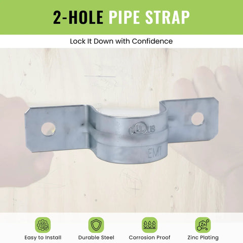 Image of a heavy-duty 2-hole strap made from zinc-plated steel, suitable for pipes, cables and tubes, providing a secure hold.