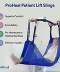 ProHeal Universal Patient Lift Sling Large 62 X 42.5 Inches With Divided Legs showing a patient comfortably supported during transfer.