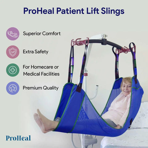 ProHeal Universal Patient Lift Sling Large 62 X 42.5 Inches With Divided Legs showing a patient comfortably supported during transfer.