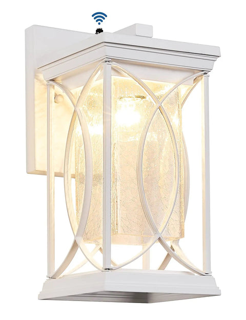 White Dope Outdoor Wall Light With Crackle Glass And Dusk To Dawn Sensor Waterproof Black Finish Exterior Sconce