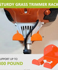 Beefy Wall Mount Trimmer Rack for Weed Eater and Hedge Trimmer with orange hooks and steel construction holding power tool