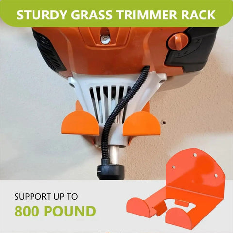 Beefy Wall Mount Trimmer Rack for Weed Eater and Hedge Trimmer with orange hooks and steel construction holding power tool