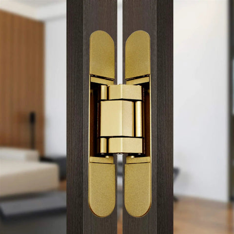3D Adjustable Concealed Door Hinge With Silent Hydraulic Buffer Heavy Duty Cross Hinge For Wood And Aluminum Doors in gold.