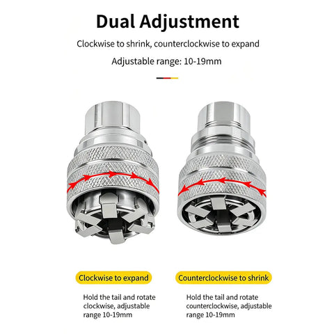 3/8 Inch Drive Socket Ratchet Wrench Set Two Piece Heavy Metal Tool Kit showing adjustable clamp for sizes 10-19mm.
