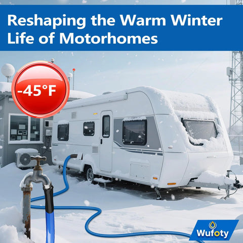Wufoty 15ft blue heated RV water hose, side view connected to exterior faucet in snow.
