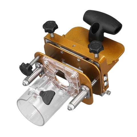 Professional Adjustable Mortising Jig And Sturdy Stainless Steel Slotting Guide precision wood router positioner with clear body and knobs.