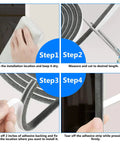 Step-by-step collage for door felt-pile weather stripping installation; shows cleaning, measuring, peeling adhesive backing, and pressing into place.