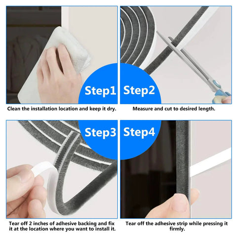 Step-by-step collage for door felt-pile weather stripping installation; shows cleaning, measuring, peeling adhesive backing, and pressing into place.