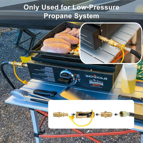 RV Propane Quick Connect Kit For Low Pressure Gas Appliances Grills Heaters And Fire Pits Easy Hookup shown connected to grill