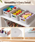 Ten Pack Gray White Plastic Storage Bins With Reinforced Handles For Home Organization And Closet Pantry Use Stackable Small Containers on shelf filled with toys, showing sturdy handles.
