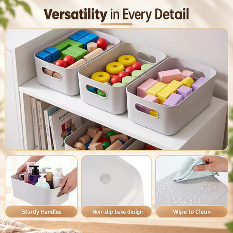 Ten Pack Gray White Plastic Storage Bins With Reinforced Handles For Home Organization And Closet Pantry Use Stackable Small Containers on shelf filled with toys, showing sturdy handles.