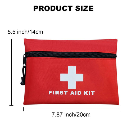 Red zippered mini first aid kit pouch with white cross and FIRST AID KIT text, 7.87 x 5.5 inches
