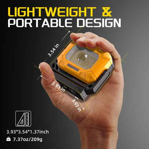 Person holding compact 2 Pack Magnetic Work Light With 1500LM Output, Rechargeable 4000mAh Battery, portable design.