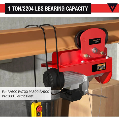 Electric Hoist Manual Trolley 1 Ton Heavy Duty I Beam Overhead Trolley With Dual Wheels shown installed on I-beam