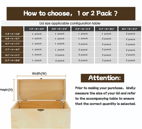 Two Pack Soft Close Hinges For Toy Boxes Wooden Chests Cedar Storage Trunks And Benches With Tension Adjustable Slow Down For Smooth Quiet Lids Also Helpful For Lift Up Flip Doors. Size guide table for hinge selection above an open wooden chest showing installation.