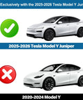 Comparison image showing fit for Precision Fit No Drill Rear Trunk Spoiler For Tesla Model Y Juniper 2025 2026 on two car models.