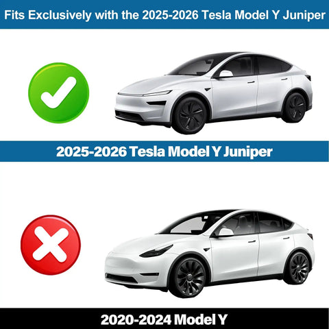 Comparison image showing fit for Precision Fit No Drill Rear Trunk Spoiler For Tesla Model Y Juniper 2025 2026 on two car models.