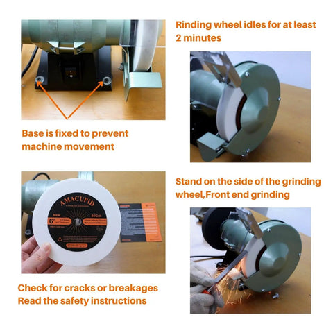 Heavy Duty 6 Inch Bench Grinder Wheels 80 Grit White Aluminum Oxide Vitrified Ceramic Stones in use for tool sharpening.