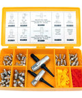 LockNLube grease fitting replacement kit in yellow case with assorted zerk fittings, yellow and red fitting caps