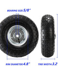 2-Pack Pneumatic Air Filled 10 Inch Hand Truck Wheels With 4.10/3.50-4 Tires, size details and hub shown, side by side view