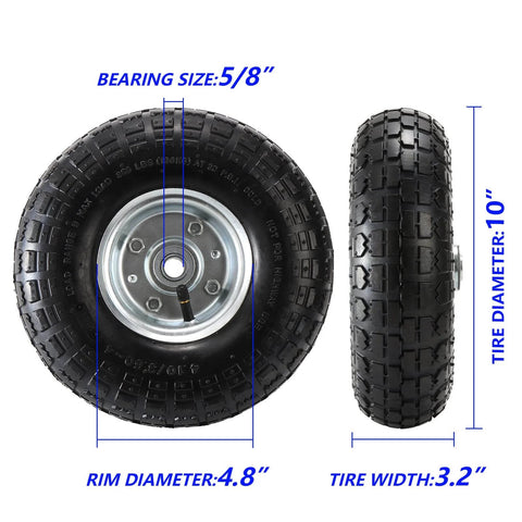 2-Pack Pneumatic Air Filled 10 Inch Hand Truck Wheels With 4.10/3.50-4 Tires, size details and hub shown, side by side view