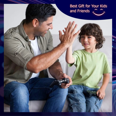 Parent and child playing with Wireless Dope Dual Vibration Gamepad With Motion Sensing For PS3 And PC Works With PS3 Slim And Original PS3 Ergonomic Black Controller USB Charging Cable Included Ideal Replacement Or Extra Controller For Local Multiplayer