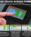 LED touch screen panel of Electric Water Activated Tape Dispenser Heavy Duty Kraft Paper Tape Cutter showing control options.