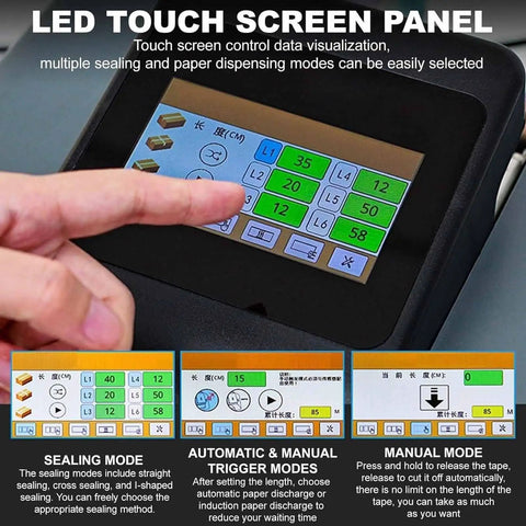 LED touch screen panel of No Sweat Industrial Electric Water Activated Tape Dispenser showing sealing modes and settings.