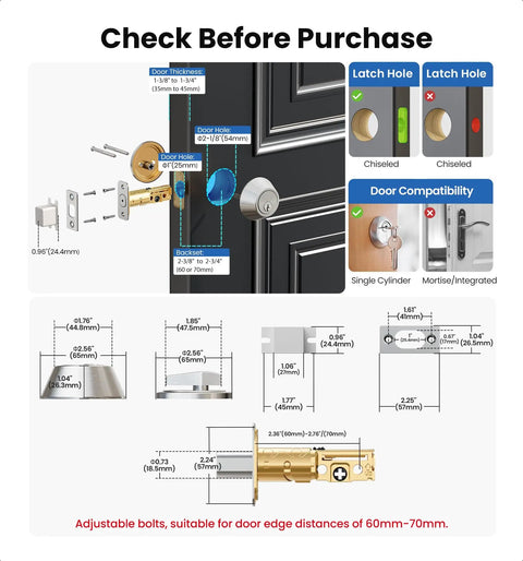 Diagram of Beefy Heavy Duty Single Cylinder Deadbolt Lock With Inside Thumb Turn, Easy Install Security Door Lock For Front Entry And Garage, Keyed On One Side, Brushed Nickel Finish, showing measurements and compatibility with doors.
