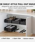 Open cabinet with pull-out shelves using undermount drawer slides 18 inch black with soft close bottom mount pull out shelf rails.