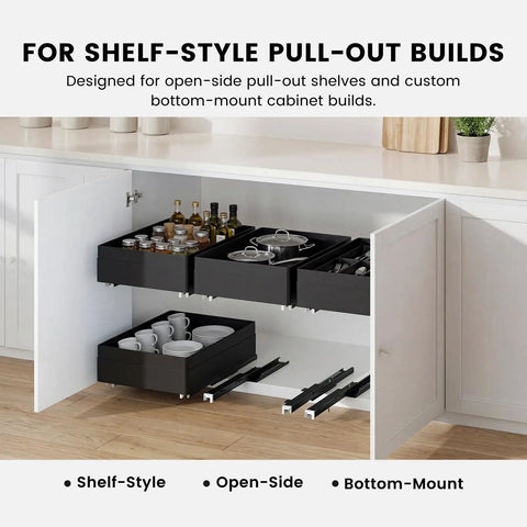 Open cabinet with pull-out shelves using undermount drawer slides 18 inch black with soft close bottom mount pull out shelf rails.