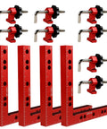 Pro Grade Aluminum Corner Clamps For Woodworking Square Up Your Builds Dead On Easy Right Angle Positioning Squares set of four red clamps and L-shaped squares.